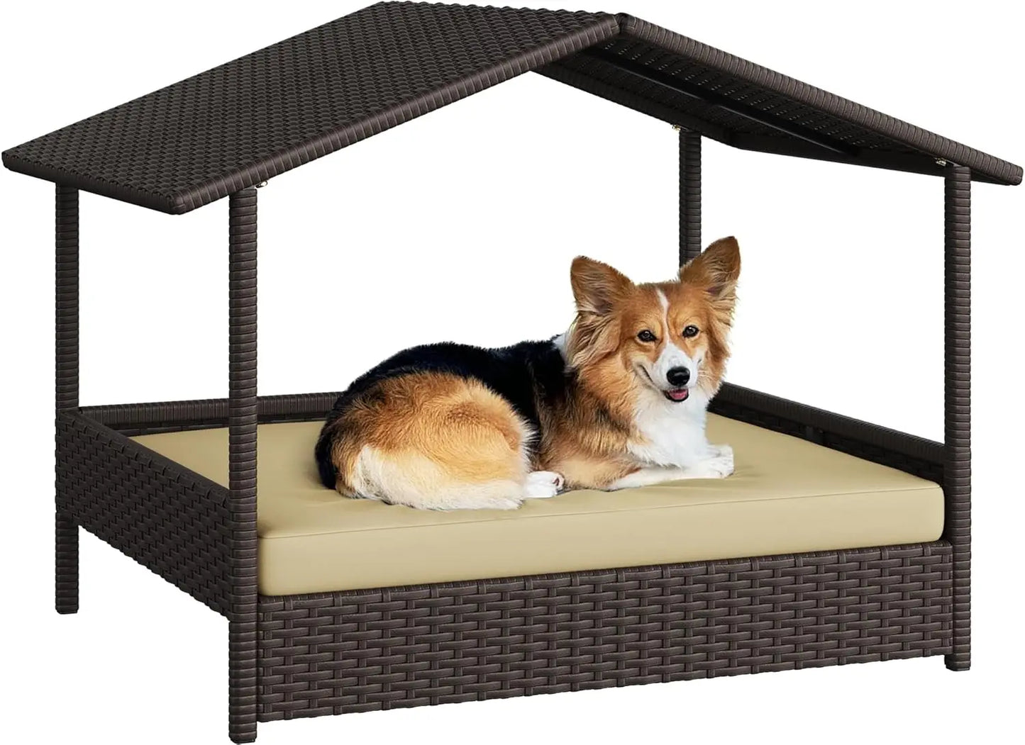 Outdoor/Indoor Wicker Elevated Shade Canopy Dog Bed with Cushion for Small/Medium Dogs .