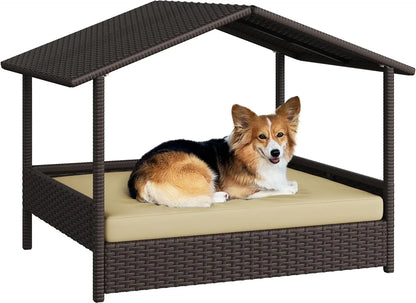 Outdoor/Indoor Wicker Elevated Shade Canopy Dog Bed with Cushion for Small/Medium Dogs .