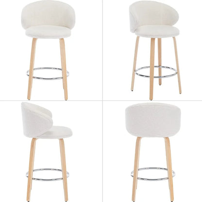 26 Inch Set of 4 Counter Height Sherpa Barstools Wooden Legs with Barrel Backrest for Kitchen, Island or Dining Room, White