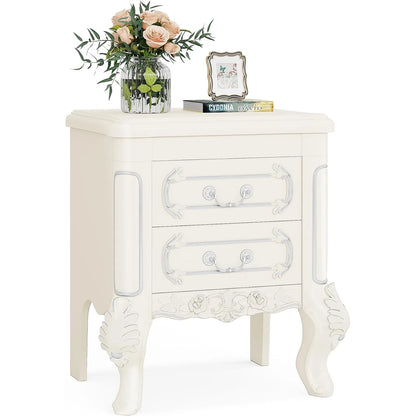 White Classic Carved Nightstand or End Tables with 2 Drawers for Bedroom