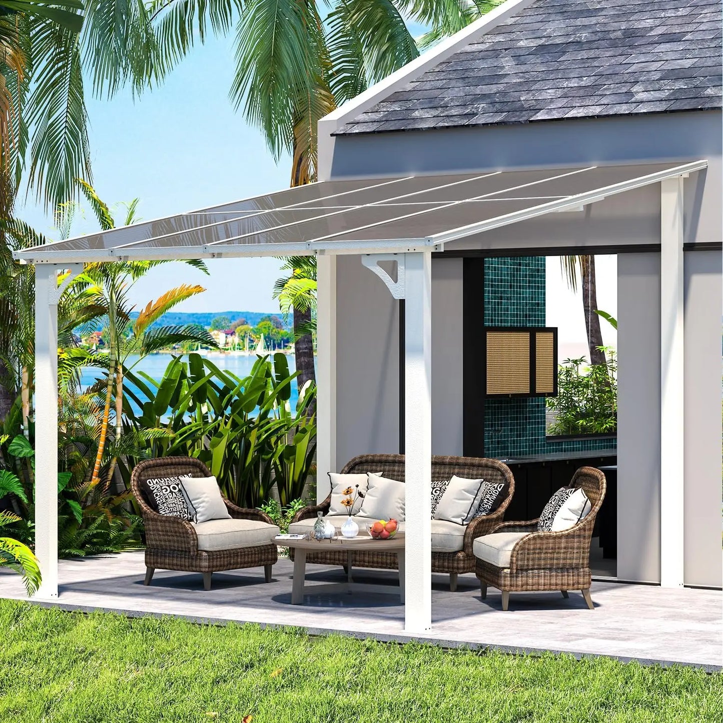 8' x 8' Pergola Gazebo in White, Small Wall Mounted Pergolas and Gazebos on Clearance, Outdoor Patio Lean to Gazebo Metal