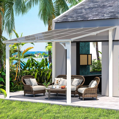 8' x 8' Pergola Gazebo in White, Small Wall Mounted Pergolas and Gazebos on Clearance, Outdoor Patio Lean to Gazebo Metal