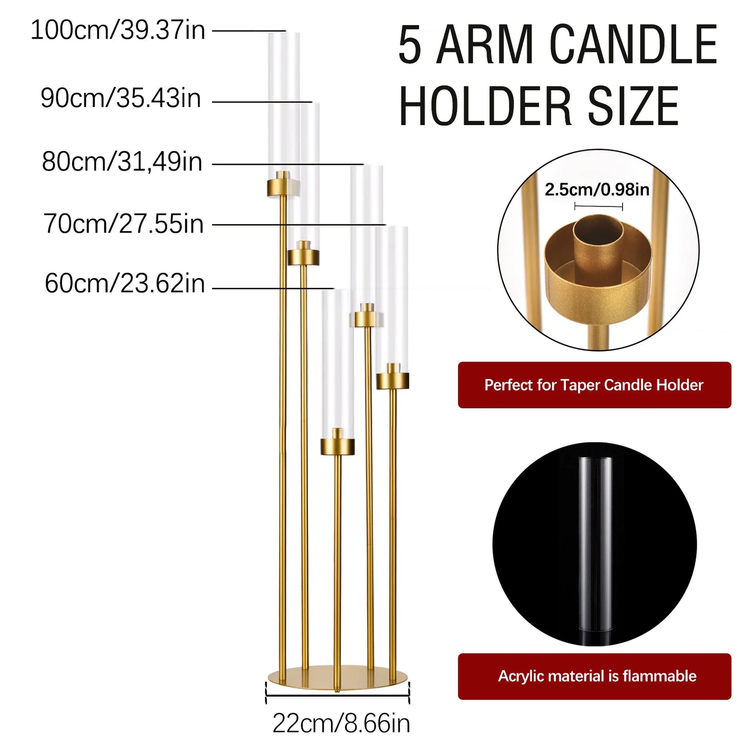10PCS Tall Gold Floor Candelabra, 5 Arm Candle Holder with Acrylic Lampshade for Wedding Table or Birthday Party