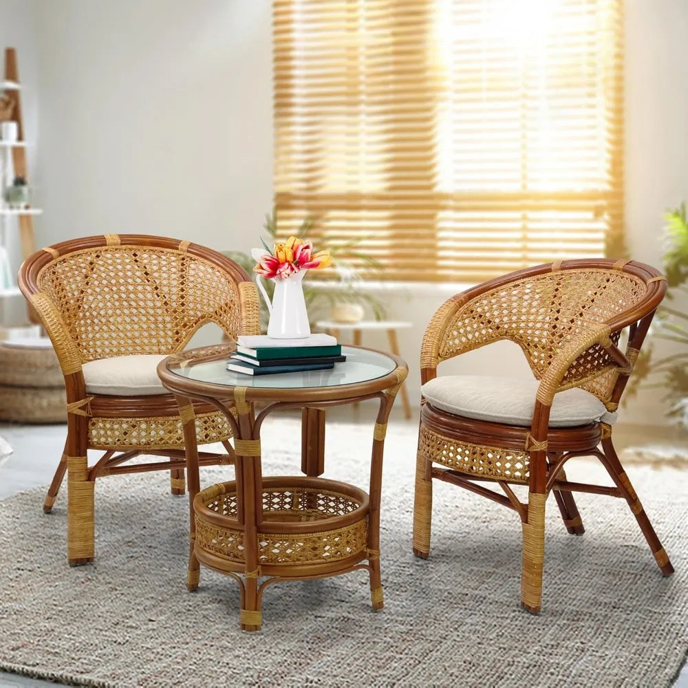 Set of 2 Pelangi Handmade Rattan Dining Wicker Chairs Colonial Color w/Cream Cushion