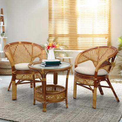 Set of 2 Pelangi Handmade Rattan Dining Wicker Chairs Colonial Color w/Cream Cushion
