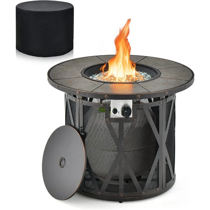 32 inch round 30,000 BTU Propane Gas Fire Pit with fire glasses & PVC  cover and ceramic tile