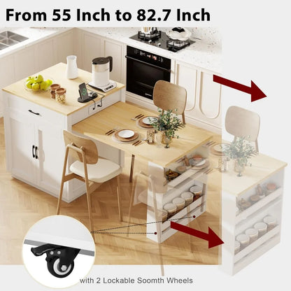 82.7" Portable Kitchen Island with Extendable Dining Table for 2-6 Person with Double-sized Storage, Power Outlet,