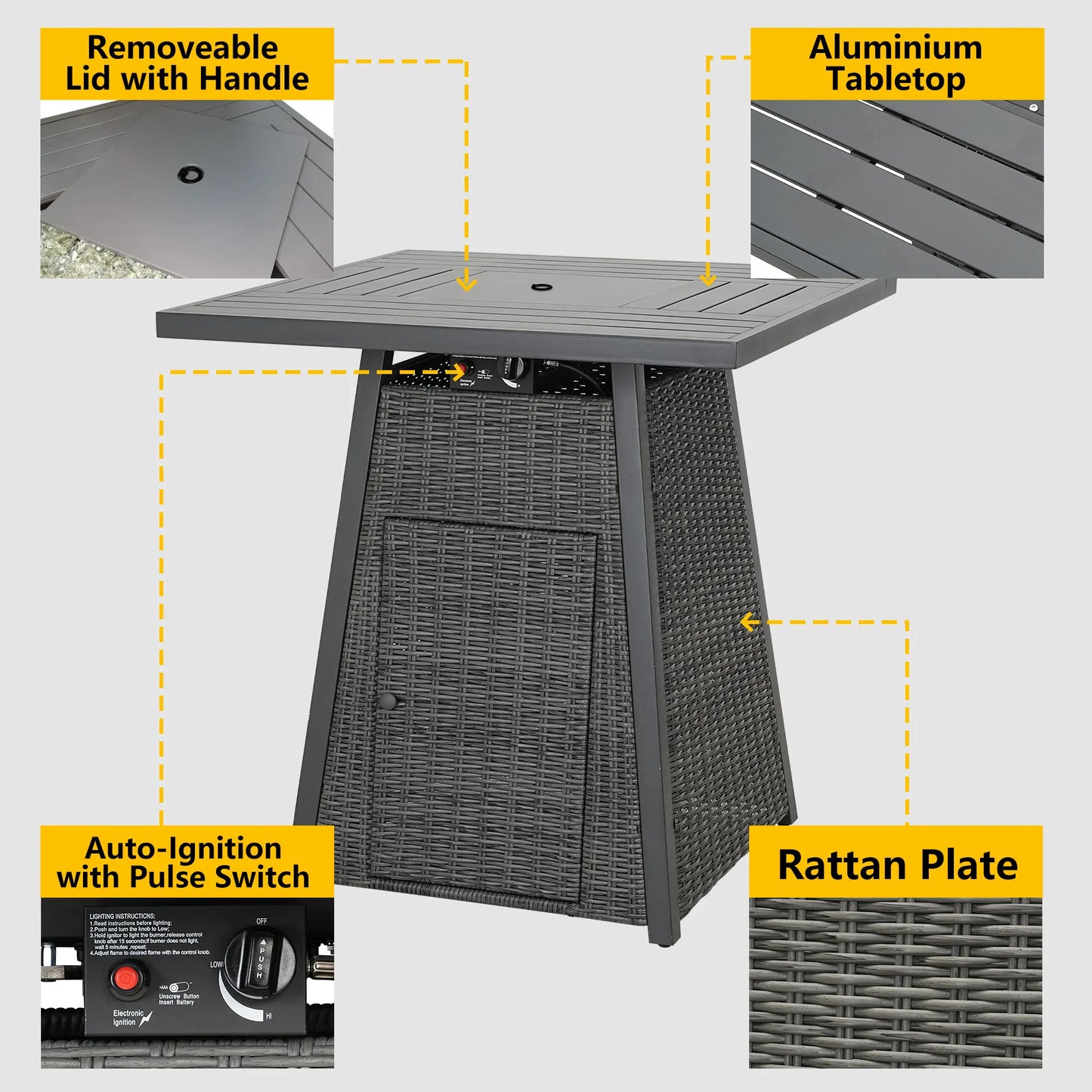 36" Outdoor Wicker Square Patio Bar High Fire Propane Gas with Glass Fire Beads