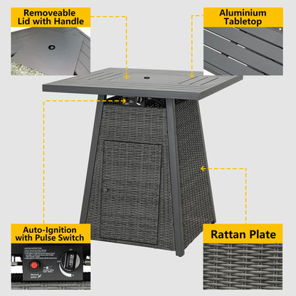 36" Outdoor Wicker Square Patio Bar High Fire Propane Gas with Glass Fire Beads