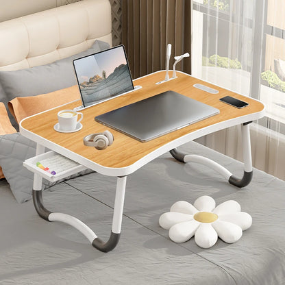 Portable Laptop Desk with USB Light, Small Fan, Cup Holder, Tablet Slot, and Lifting Handle - Foldable for Working,