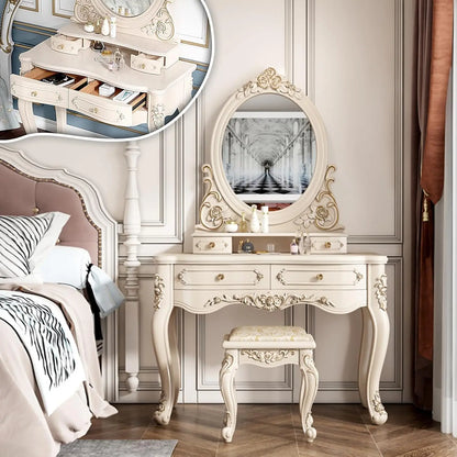 Wood Vintage Vanity Desk Makeup Desk with Mirror and Stool for the Bedroom