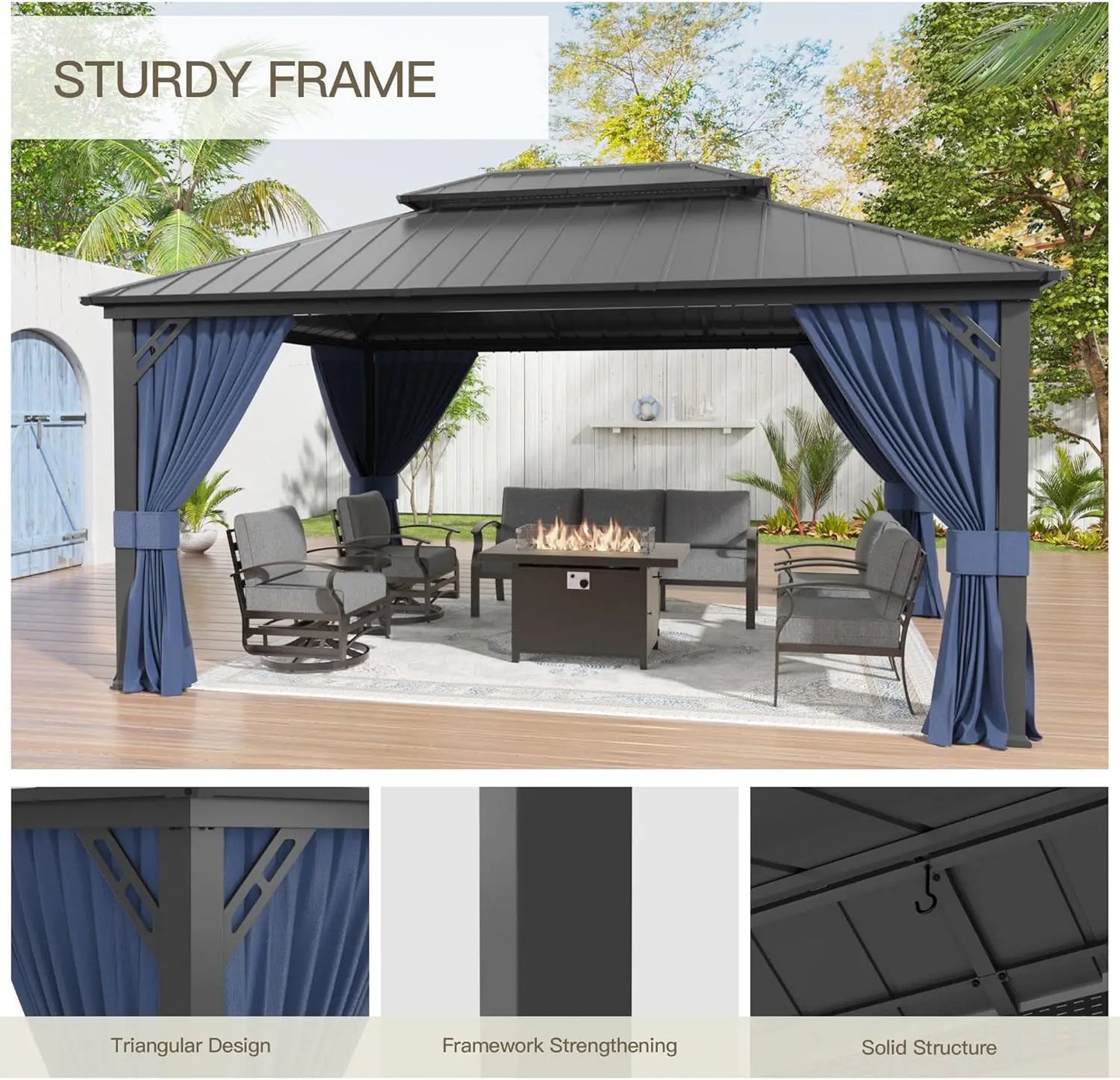 12'x16' Hardtop Galvanized Steel Metal Double Roof Gazebo with Curtains and Netting for Patios, Gardens, Navy and Blue