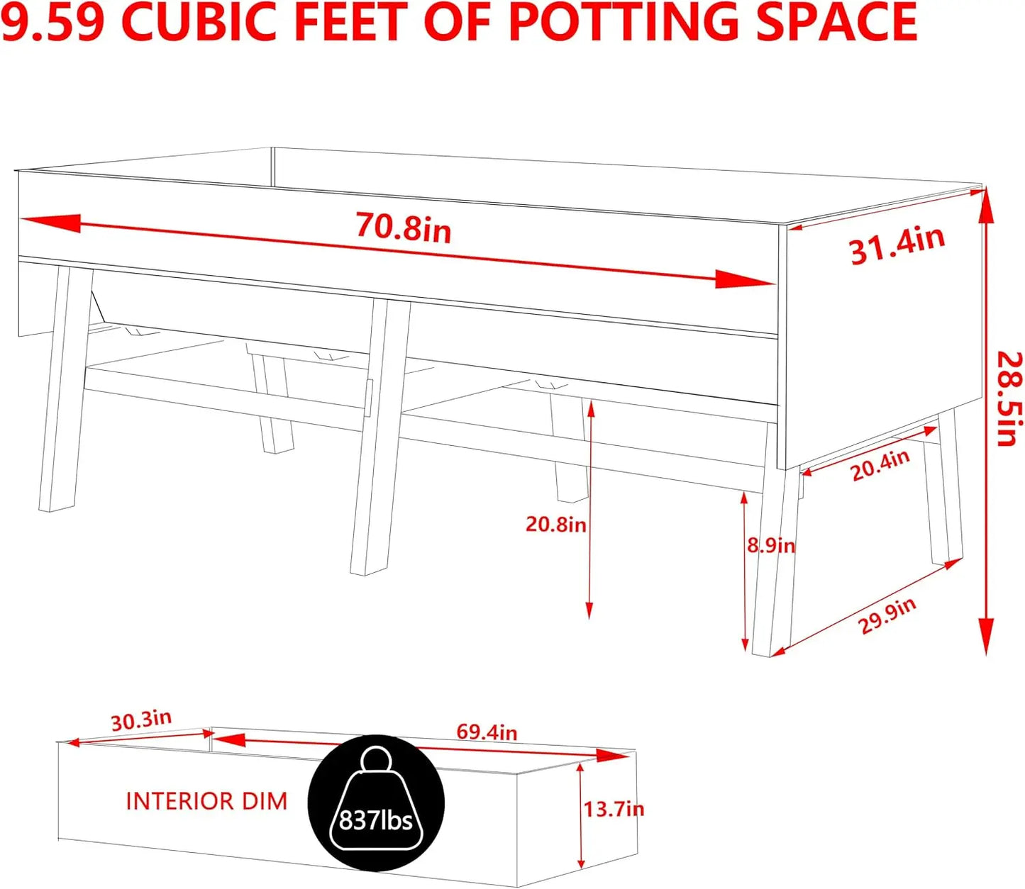 6 x 3 x 2FT, Raised Wood Garden Beds Outdoor with 6 Legs and Detachable Liner for Backyard, Patio