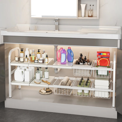 1 Set Multi-Use Under Sink Kitchen/Bathroom Sink Organizers with Expandable Storage Rack and Removable Baskets