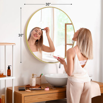 Large Gold Round 30 inch Modern Tempered Glass Framed Mirror for the Wall in Bedrooms or Living Room