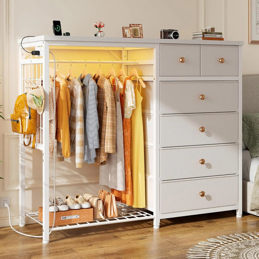 49.2" W White 6 Drawer Dresser for Bedroom with Hanging Rack, LED Lights & Charging Station, Fabric Dressers