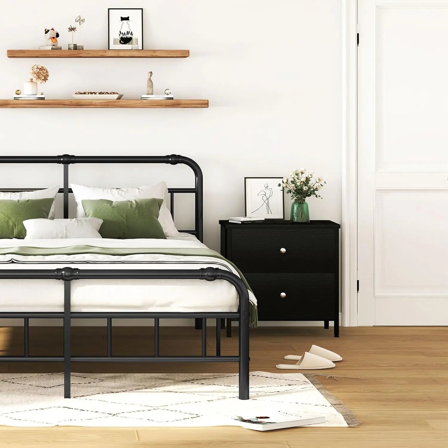 Modern Small Black Nightstands Set of 2 with 2 Fabric Drawers Dresser for Bedroom