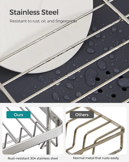 2 Tier Dish Drying Rack for Kitchen Counter with Rotatable and Extendable Drain Spout, and Utensil Cup