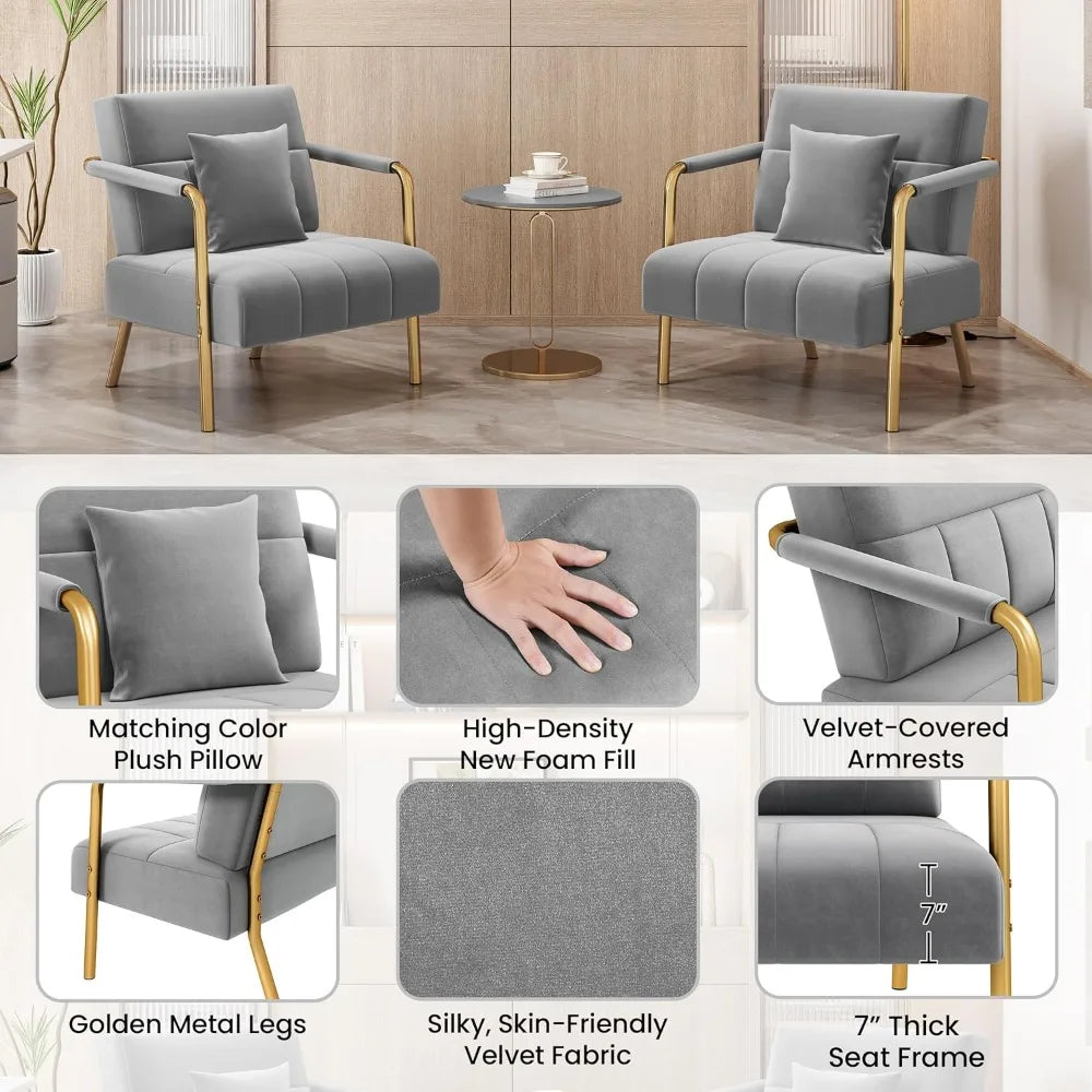 30" W Oversized Velvet Accent Armchair with Golden Frame & Cozy Pillows for the  Living Room, Light Gray