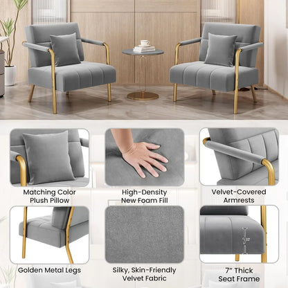 30" W Oversized Velvet Accent Armchair with Golden Frame & Cozy Pillows for the  Living Room, Light Gray