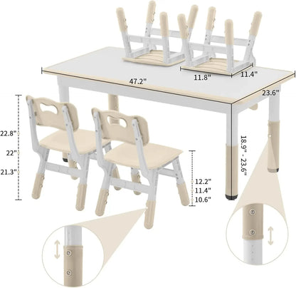 Table and Chairs Set for 4, 47.2''L x 23.6''W Kids Study Table and Chair Set, Height-Adjustable, Graffiti Desktop, Children