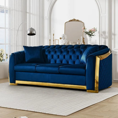81" 3 Seater Modern Mid Century Velvet Chesterfield Blue and Gold Luxury Curved Loveseat and Sofa Couch for Living Room