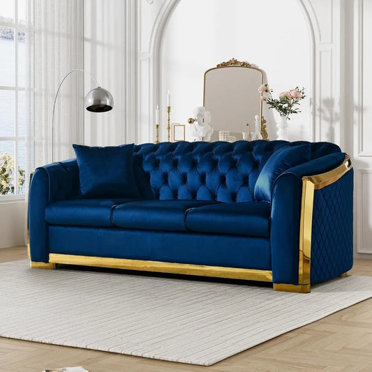 81" 3 Seater Modern Mid Century Velvet Chesterfield Blue and Gold Luxury Curved Loveseat and Sofa Couch for Living Room