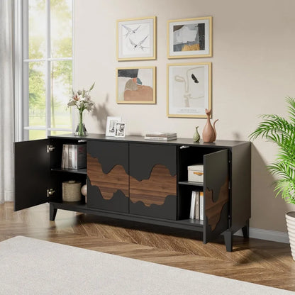 Modern 4 Door Sideboard Buffet Cabinet with Brown Water Stream Patterns Design - Versatile Storage Solution for Kitchen
