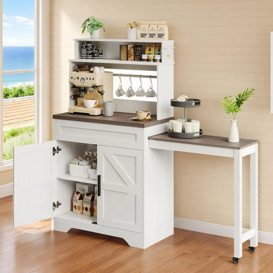 56.7" Extendable Farmhouse Coffee Bars Cabinet with Hutch, Buffet Sideboard, 5 Hooks , Adjustable and Magnetic Note Zone