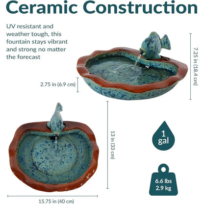 7-Inch Outdoor Glazed Ceramic Fish Garden Fountain Tabletop for Patio, Deck, Garden - Aqua and Brown