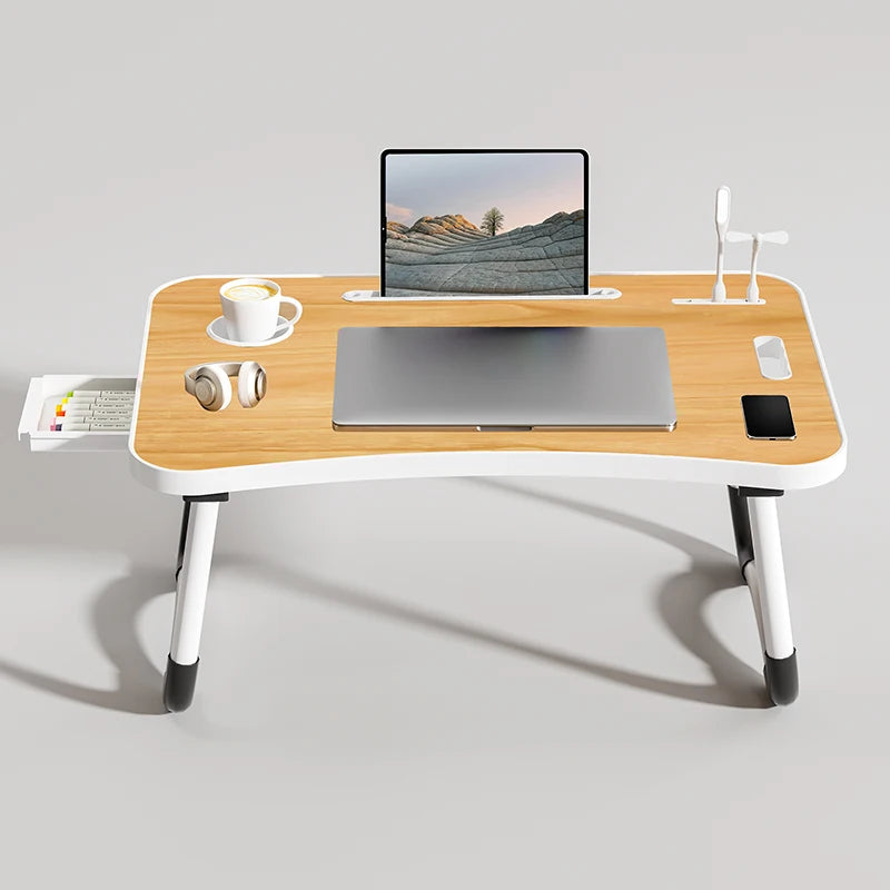 Portable Laptop Desk with USB Light, Small Fan, Cup Holder, Tablet Slot, and Lifting Handle - Foldable for Working,