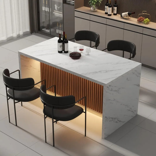 Modern 63" Large Imitation Marble Stripes Island Dining Table for 4-6 People LED Lights