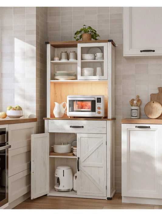 71" Farmhouse Storage Pantry Cabinet With Lights And Charging Station With Doors And Drawer