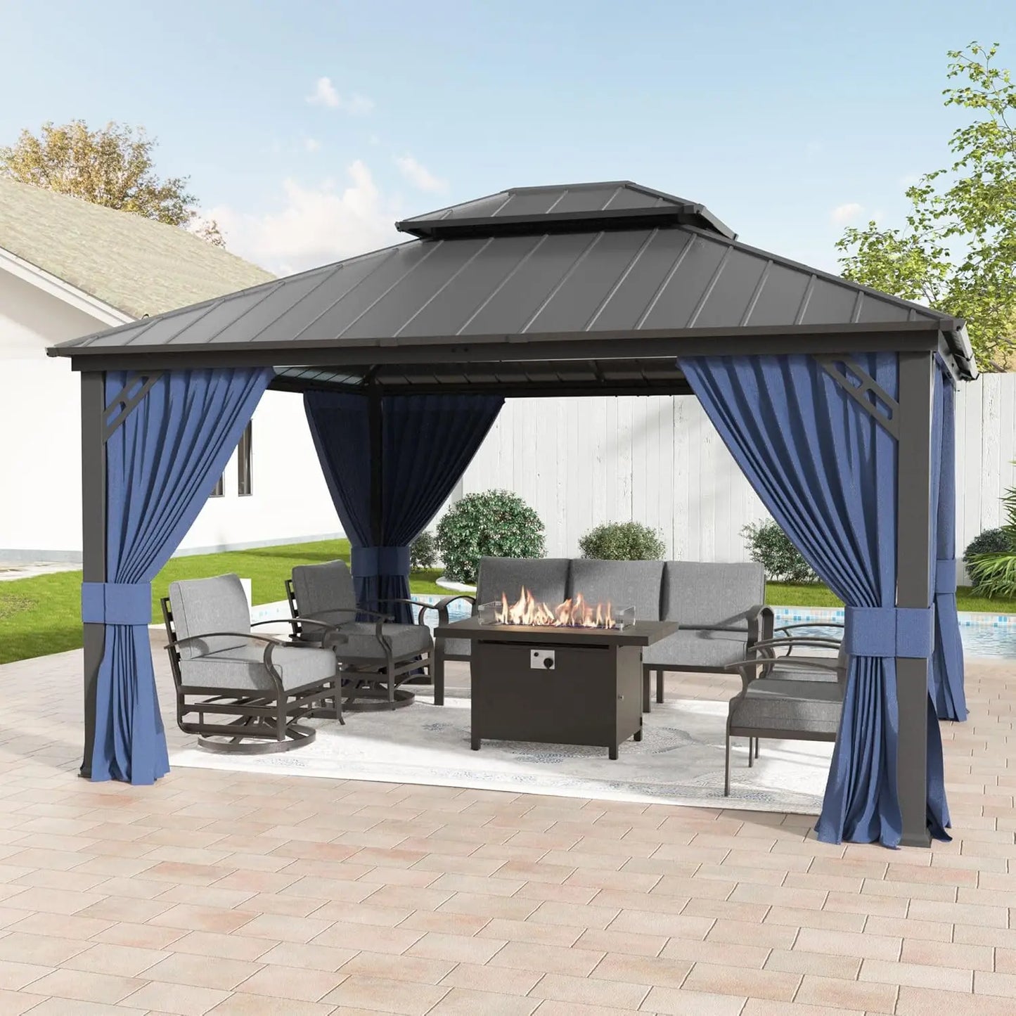 12'x16' Hardtop Galvanized Steel Metal Double Roof Gazebo with Curtains and Netting for Patios, Gardens, Navy and Blue