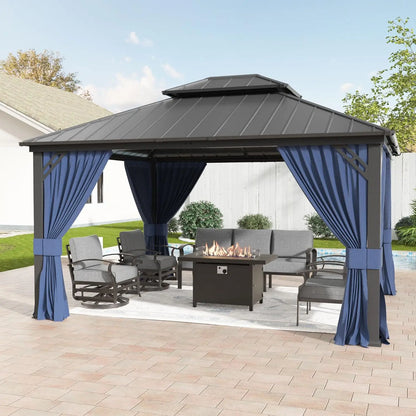 12'x16' Hardtop Galvanized Steel Metal Double Roof Gazebo with Curtains and Netting for Patios, Gardens, Navy and Blue
