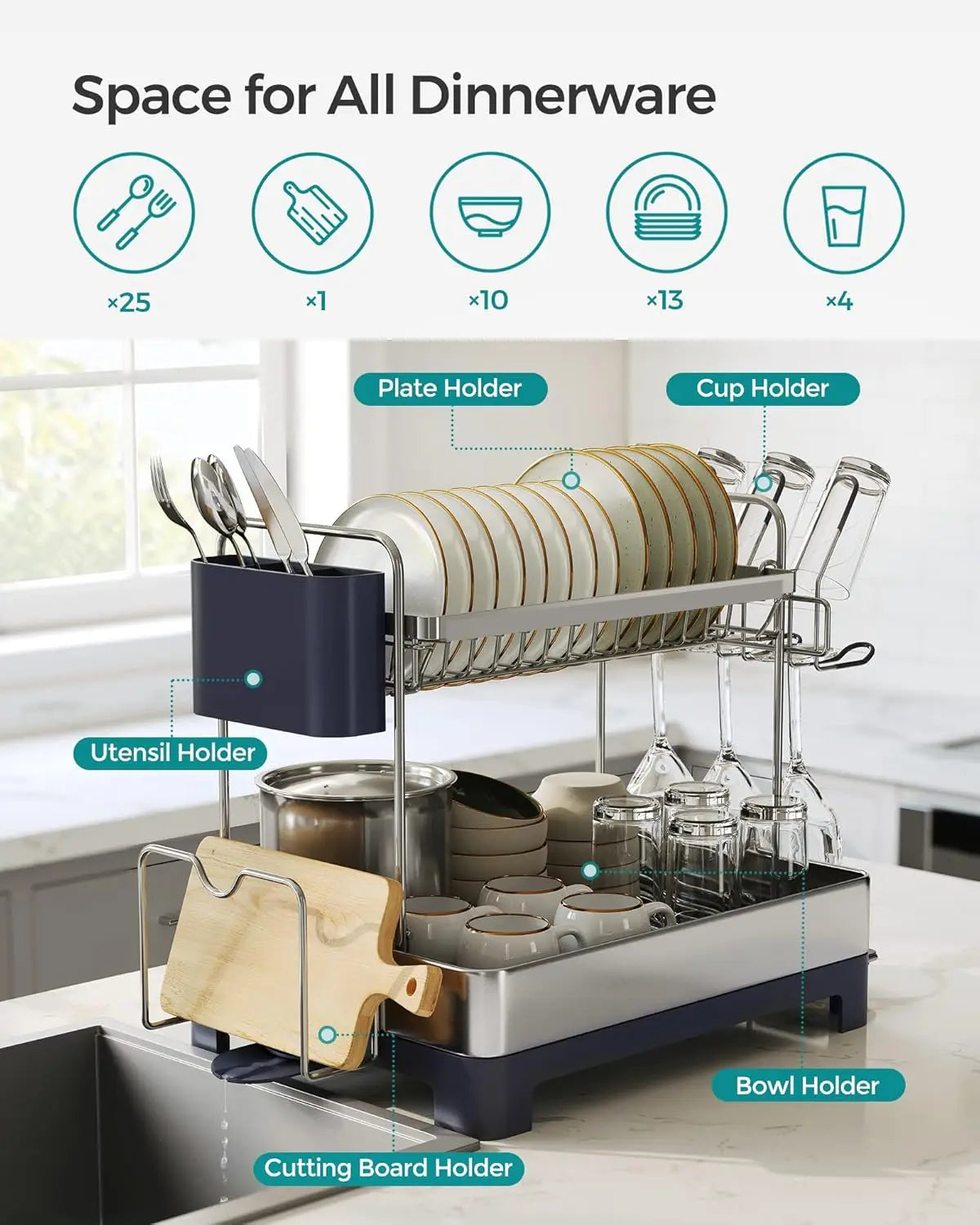 2 Tier Dish Drying Rack for Kitchen Counter with Rotatable and Extendable Drain Spout, and Utensil Cup