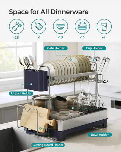 2 Tier Dish Drying Rack for Kitchen Counter with Rotatable and Extendable Drain Spout, and Utensil Cup