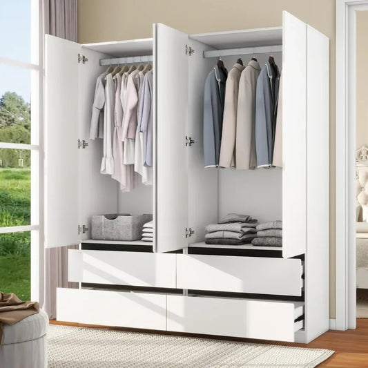 75" White Wooden Wardrobe with Drawers and Doors