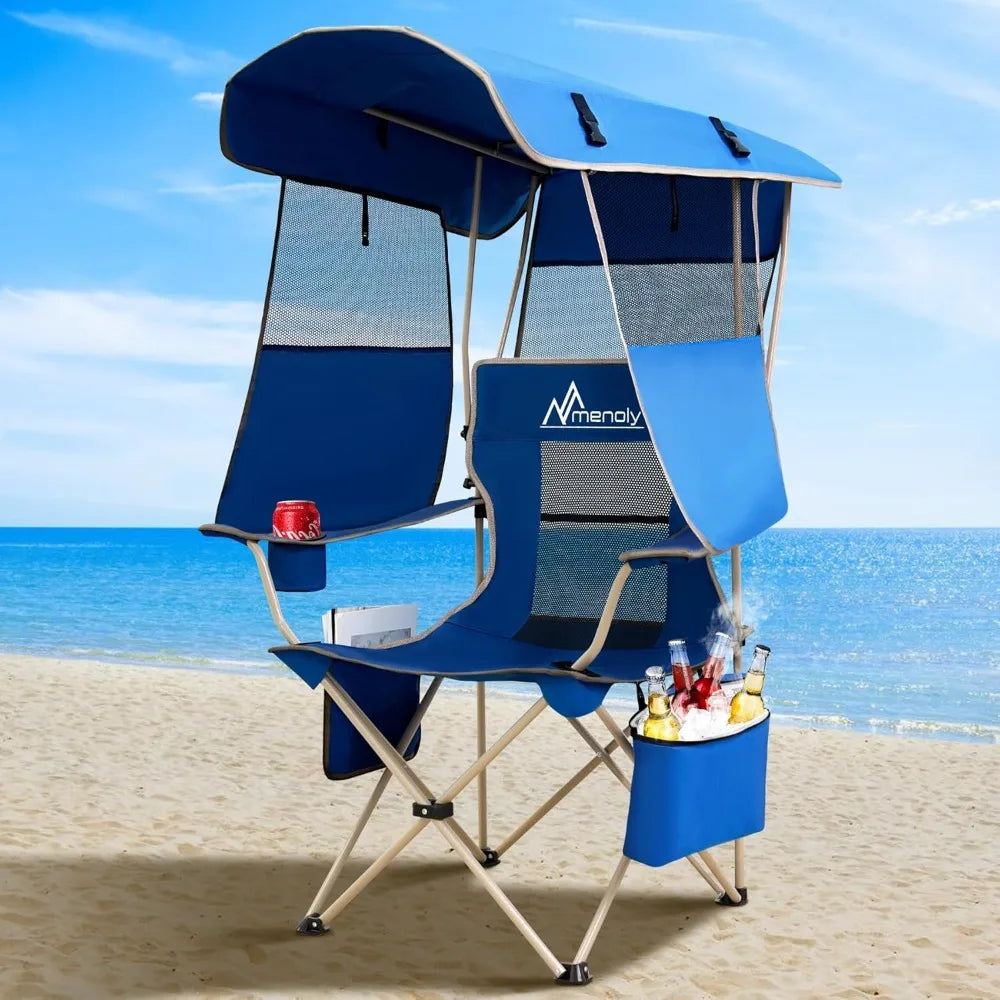 Folding Camping Chair with Shade Canopy with  Cooler Bag for Outdoor Sports, Lawn Chairs