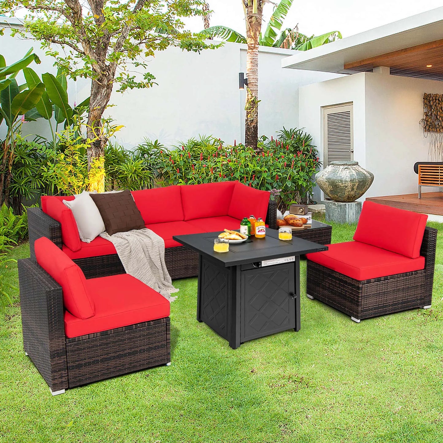 7 PCS Patio Set with 28" 50000 BTU Propane Gas Fire Pit Table and Cushions Red