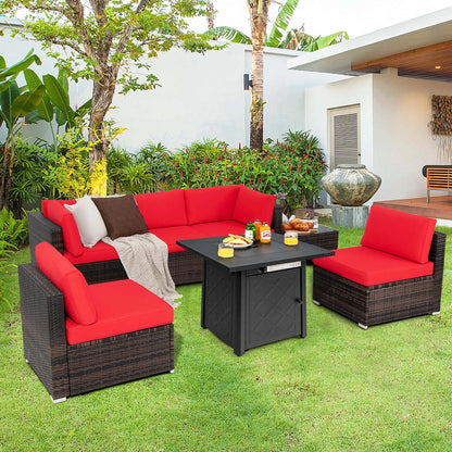 7 PCS Patio Set with 28" 50000 BTU Propane Gas Fire Pit Table and Cushions Red