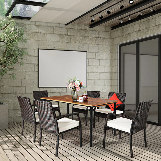 7PCS Rattan Patio Dining Set Wooden Chairs, Table Top W/Umbrella Hole