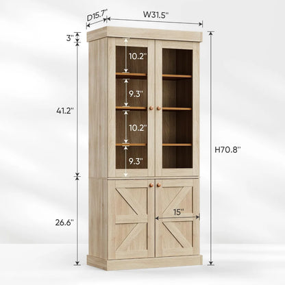 71" Tall Farmhouse Set of 3 Large Storage Cabinets with Glass Doors & Adjustable Shelves, Versatile Wood Hutch