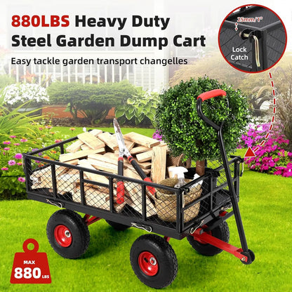 Heavy Duty Steel Garden Dump Cart Metal Garden Wagon with Removable Mesh Sides Utility  and Rotating Handle