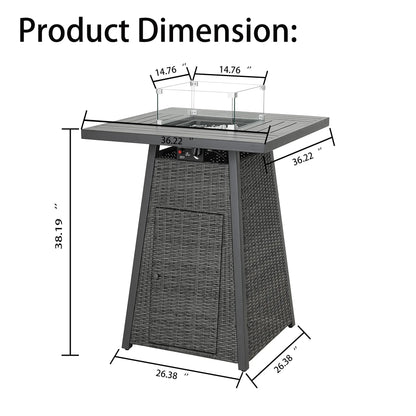 36" Outdoor Wicker Square Patio Bar High Fire Propane Gas with Glass Fire Beads