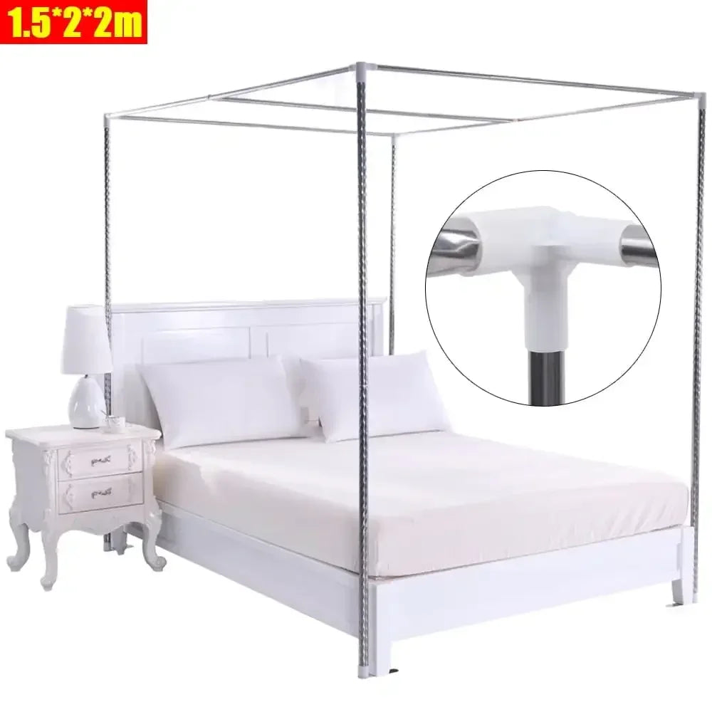 Queen Size Stainless Steel Bedding Canopy Frame with Detachable Mosquito Net for 4 Corner Bed