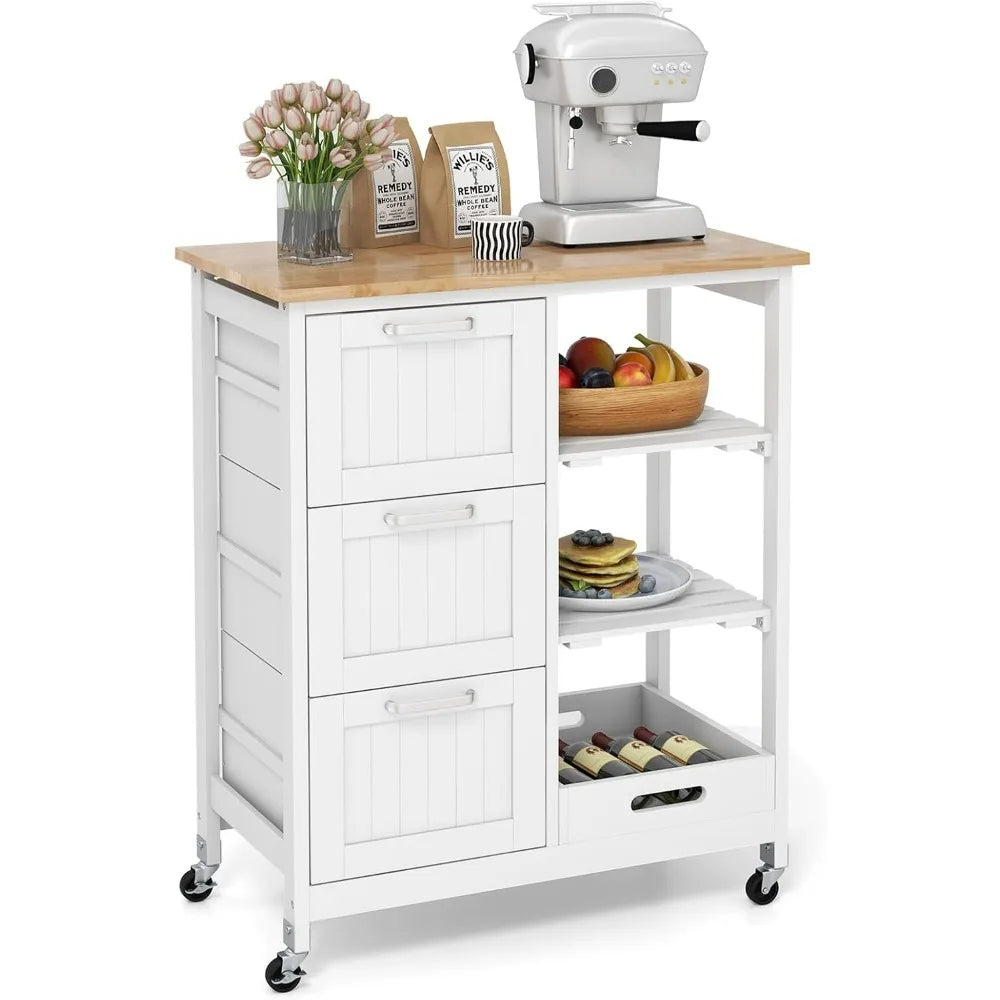 Kitchen Island Utility Lockable Cart on Wheels w/Storage, Rubber Wood Top, 2 Removable Shelves & Removable Tray, 3 Drawers