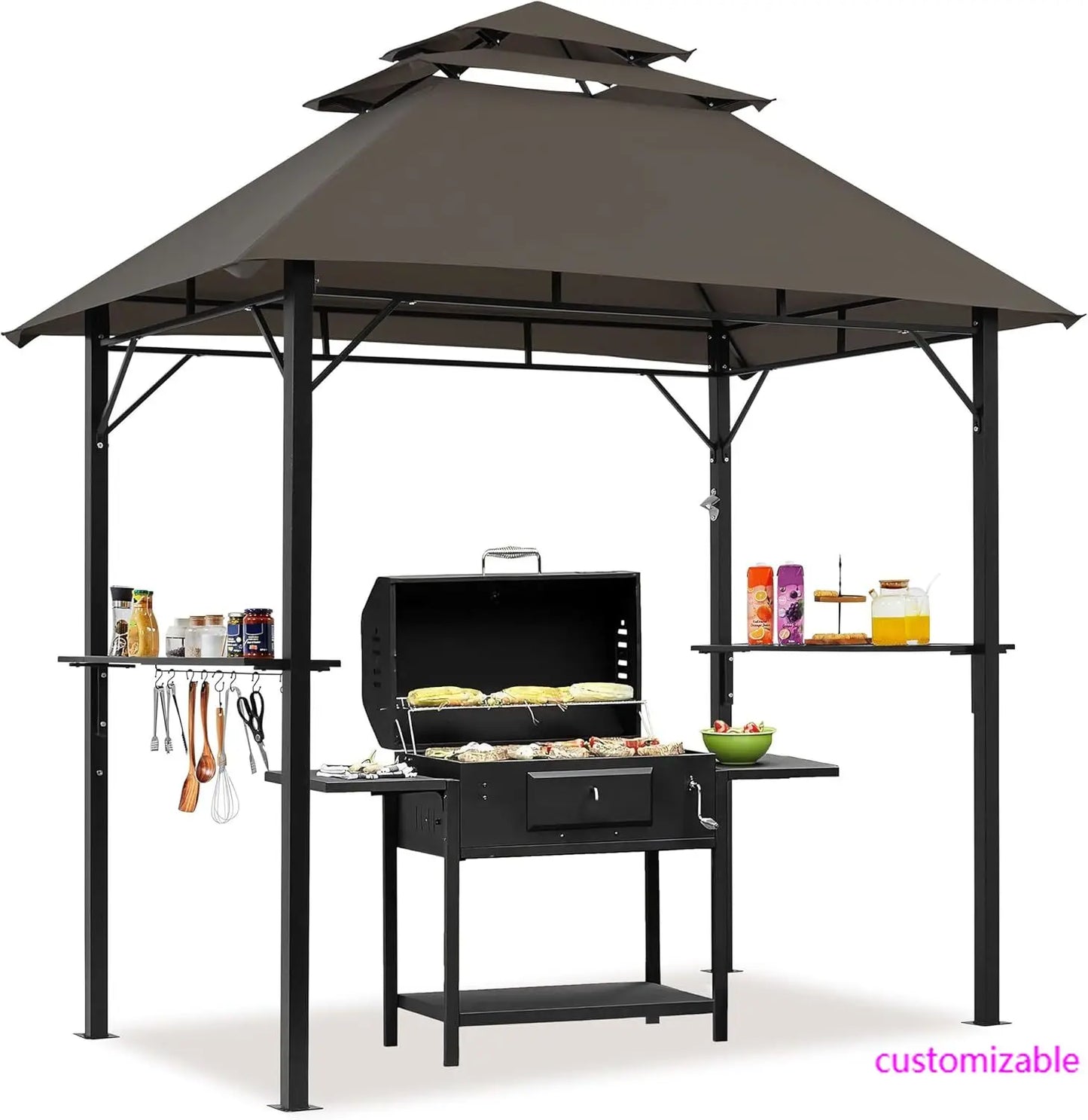 8x5' 3-Tier Grill Gazebo for Cookouts with Height-Adjustable Shelves & 10 S-Shaped Hooks & Built-in Bottle Opener, Brown