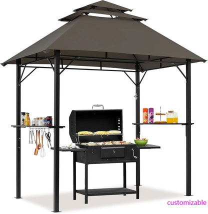8x5' 3-Tier Grill Gazebo for Cookouts with Height-Adjustable Shelves & 10 S-Shaped Hooks & Built-in Bottle Opener, Brown