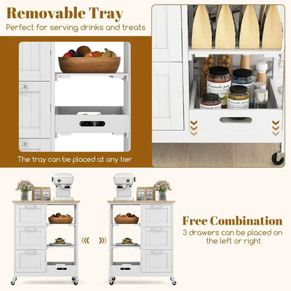 Kitchen Island Utility Lockable Cart on Wheels w/Storage, Rubber Wood Top, 2 Removable Shelves & Removable Tray, 3 Drawers